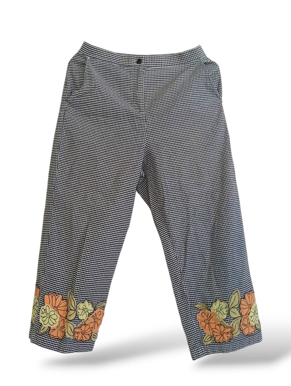 Bechamel Black White Gingham Cropped Pants Capri Pedal Pusher Retro 90s Flowers